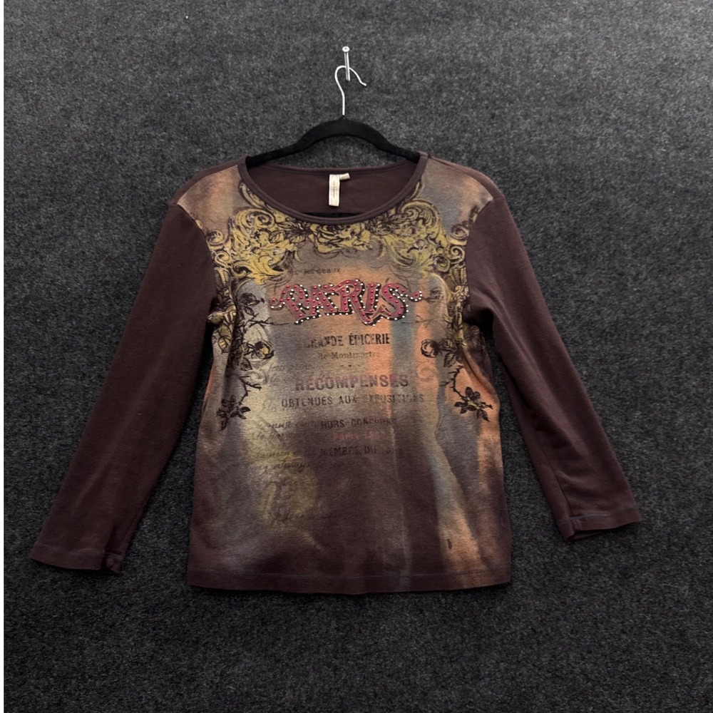 Susan Lawrence Paris Graphic Top Brown Rhinestone Long Sleeve Vintage Style Med